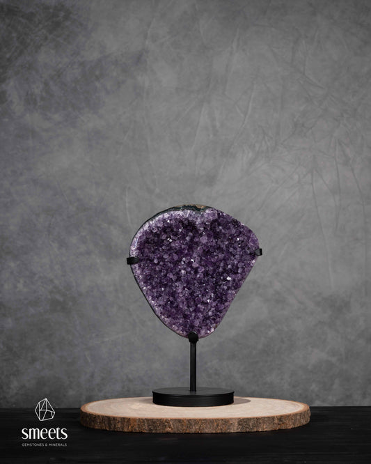 Deep Purple Amethyst Crystal Slab on Metal Stand