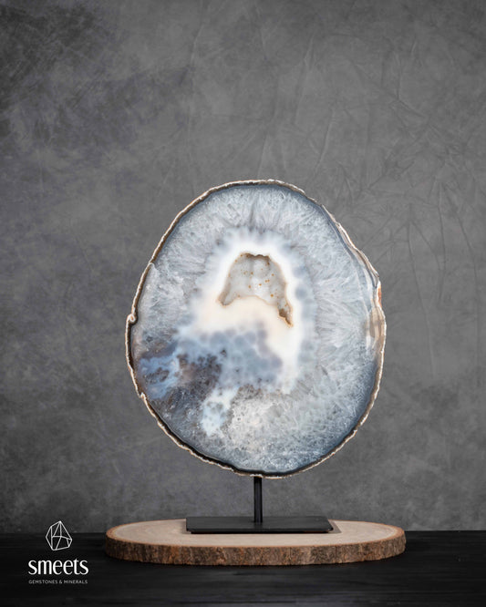 Impressive XL Natural Agate Half Geode Slab with Crystal Cavity on Metal Stand