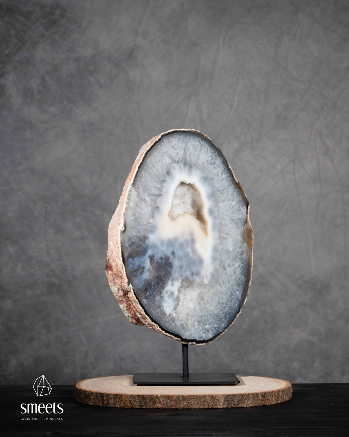 Impressive XL Natural Agate Half Geode Slab with Crystal Cavity on Metal Stand