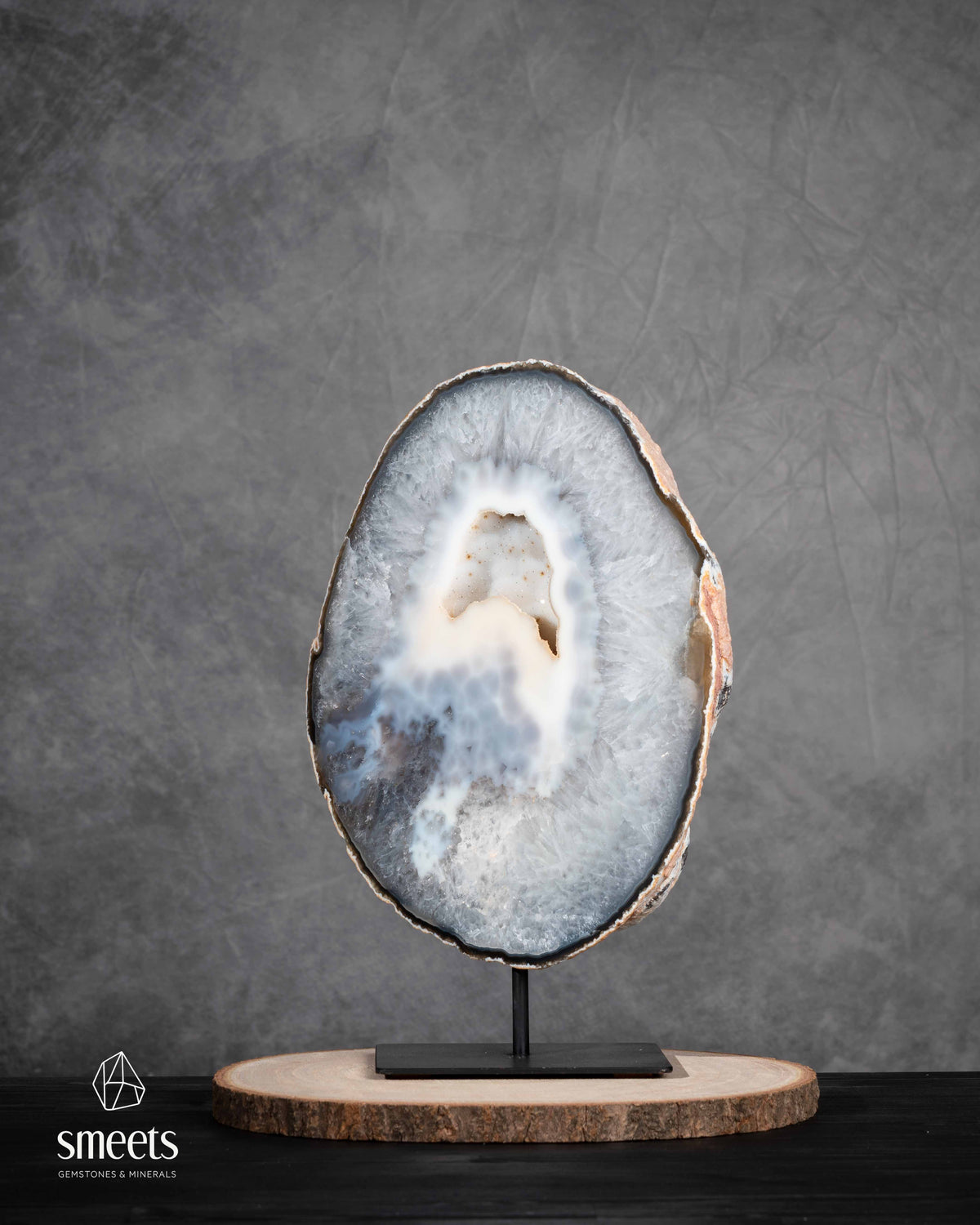 Impressive XL Natural Agate Half Geode Slab with Crystal Cavity on Metal Stand