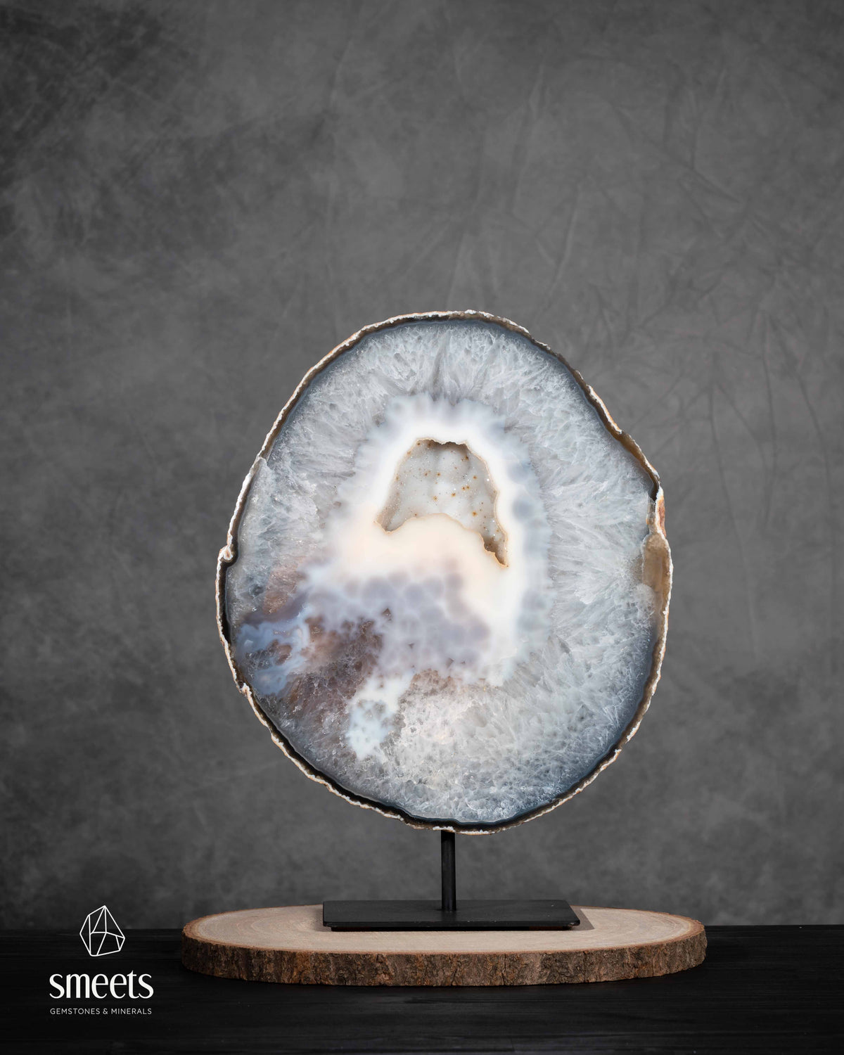 Impressive XL Natural Agate Half Geode Slab with Crystal Cavity on Metal Stand