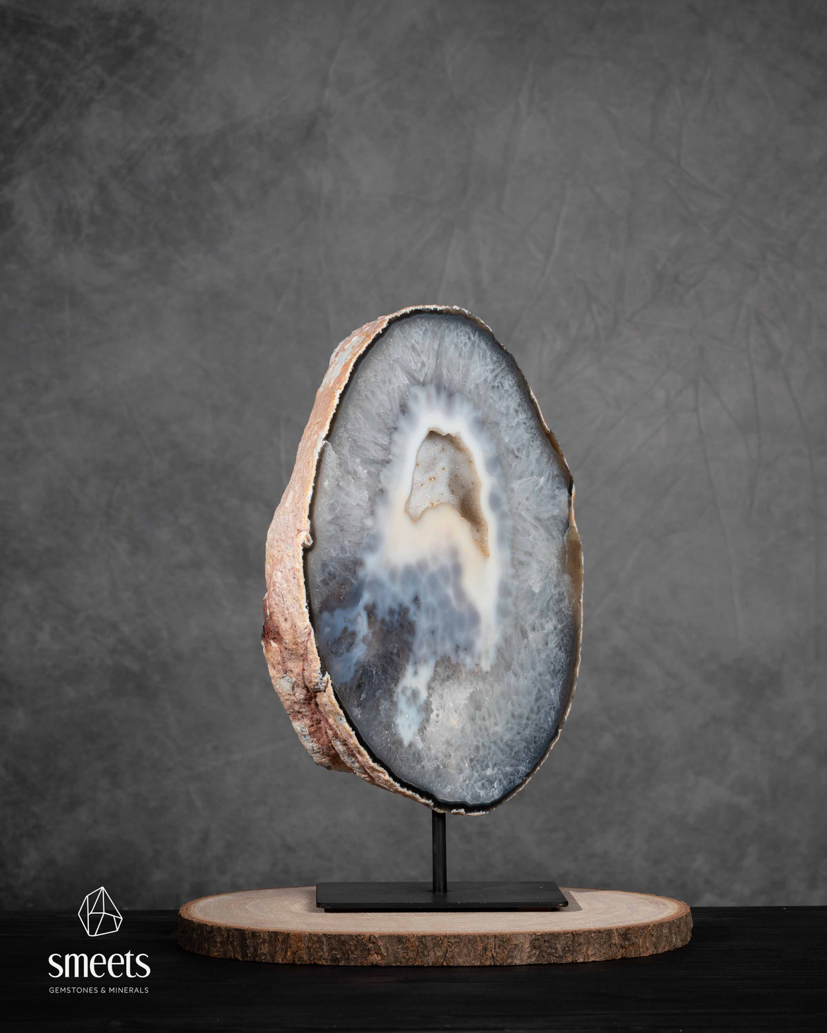 Impressive XL Natural Agate Half Geode Slab with Crystal Cavity on Metal Stand