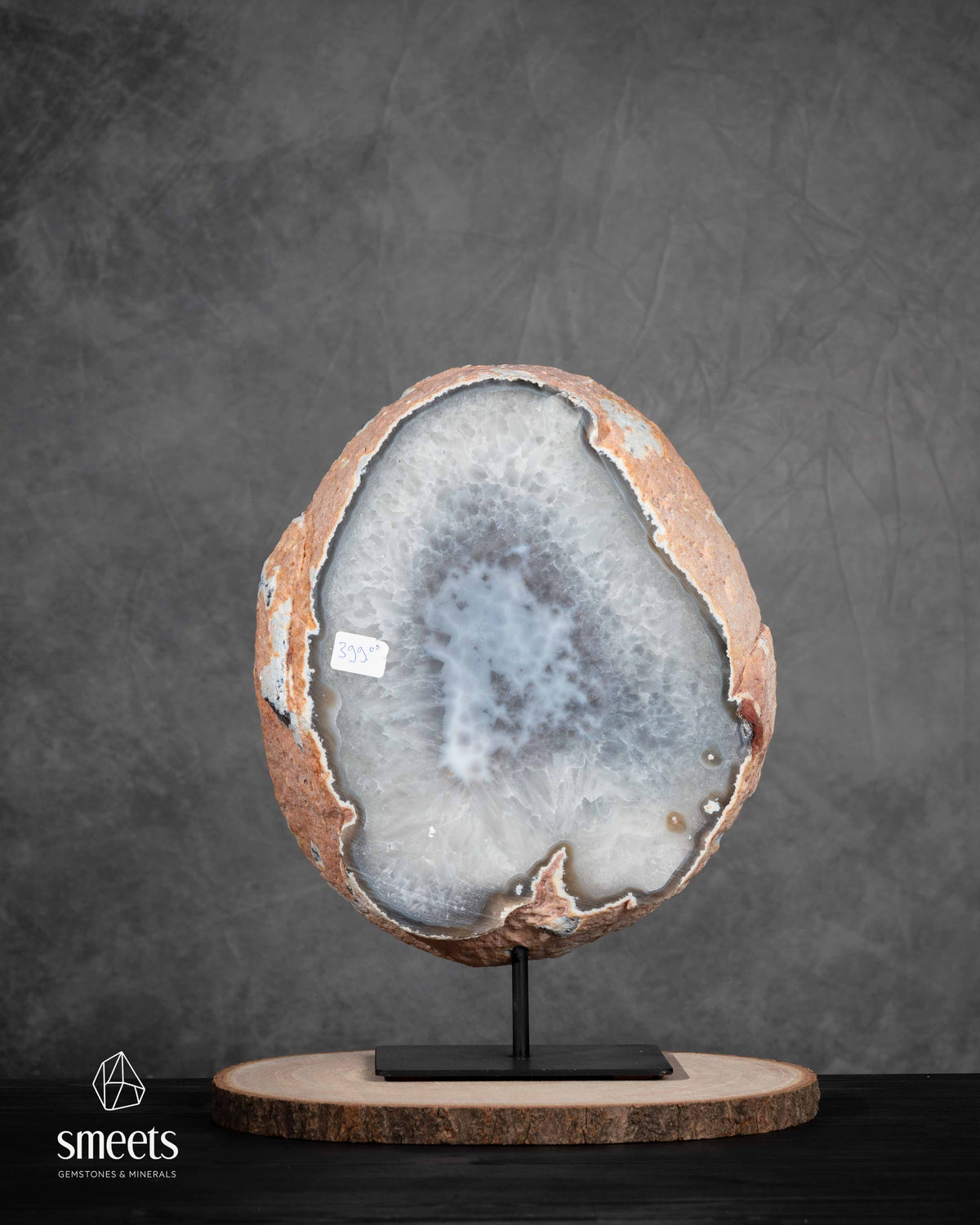 Impressive XL Natural Agate Half Geode Slab with Crystal Cavity on Metal Stand
