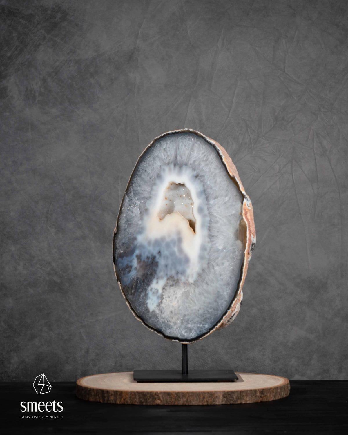 Impressive XL Natural Agate Half Geode Slab with Crystal Cavity on Metal Stand