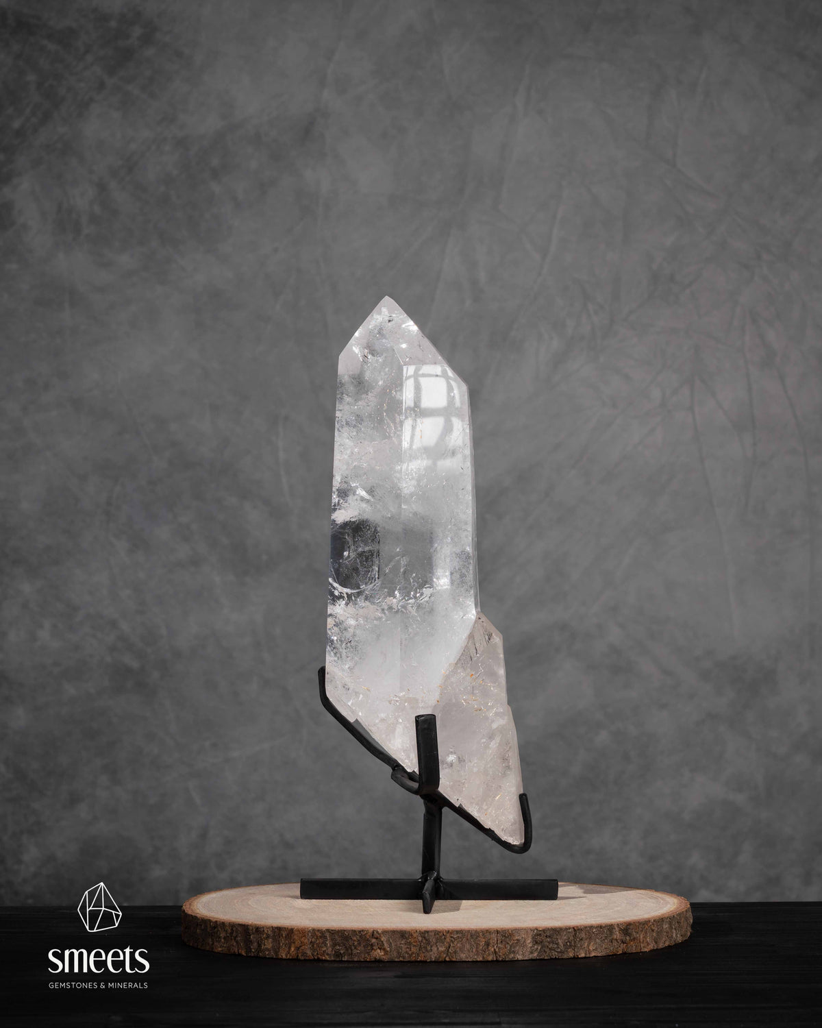 Impressive XL Brazilian Clear Quartz Point on Metal Stand