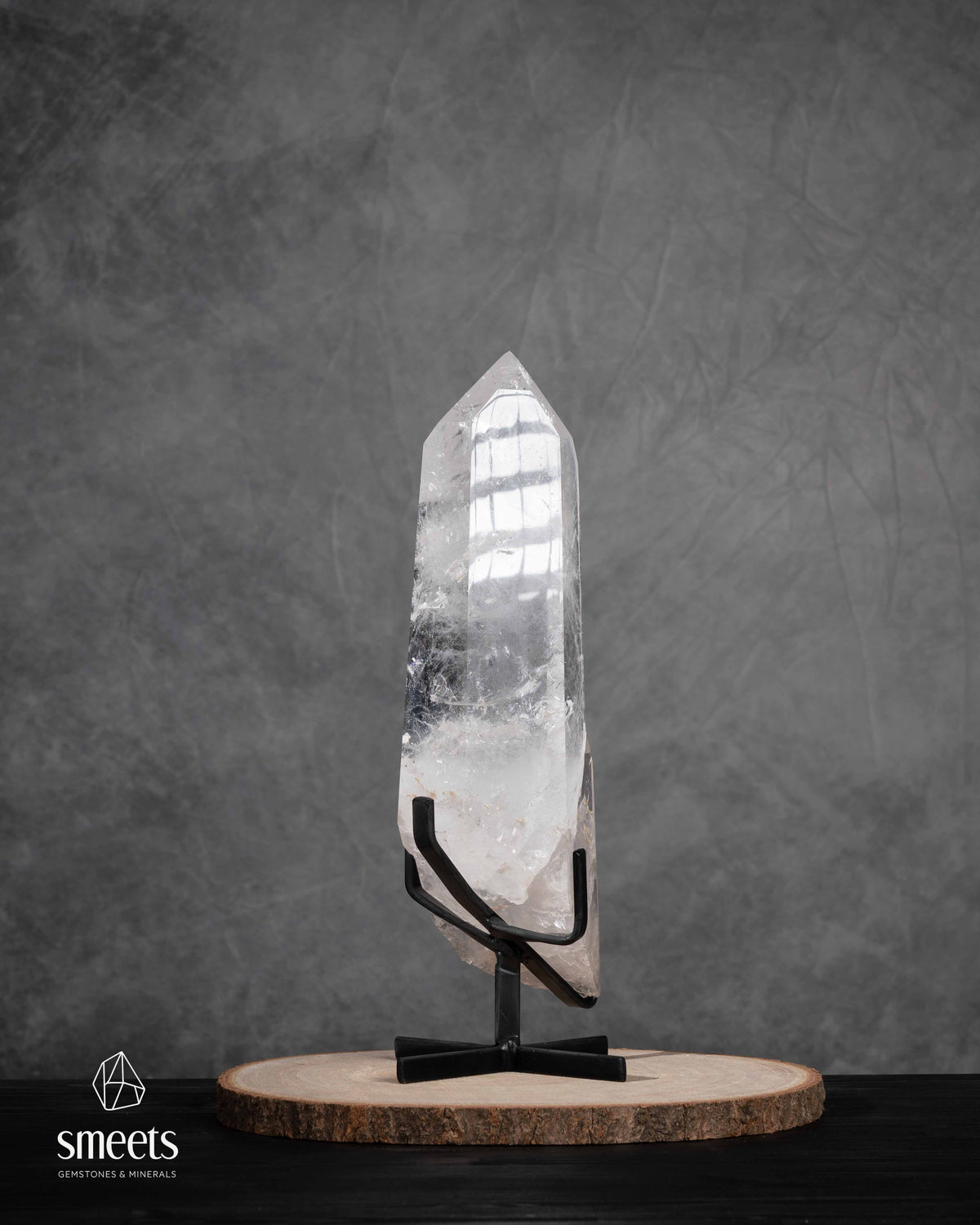 Impressive XL Brazilian Clear Quartz Point on Metal Stand
