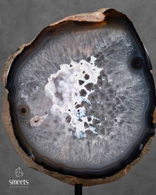 Brazilian Agate Half Geode with White Quartz Centre on Metal Stand