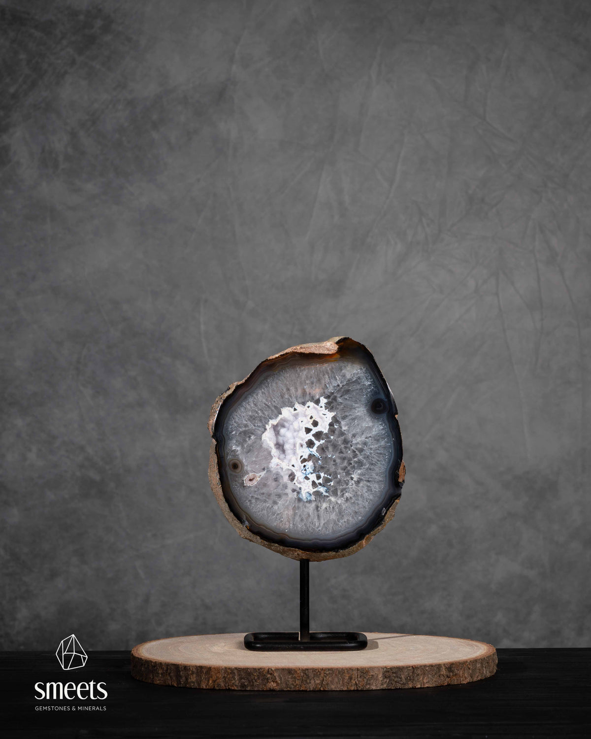 Brazilian Agate Half Geode with White Quartz Centre on Metal Stand