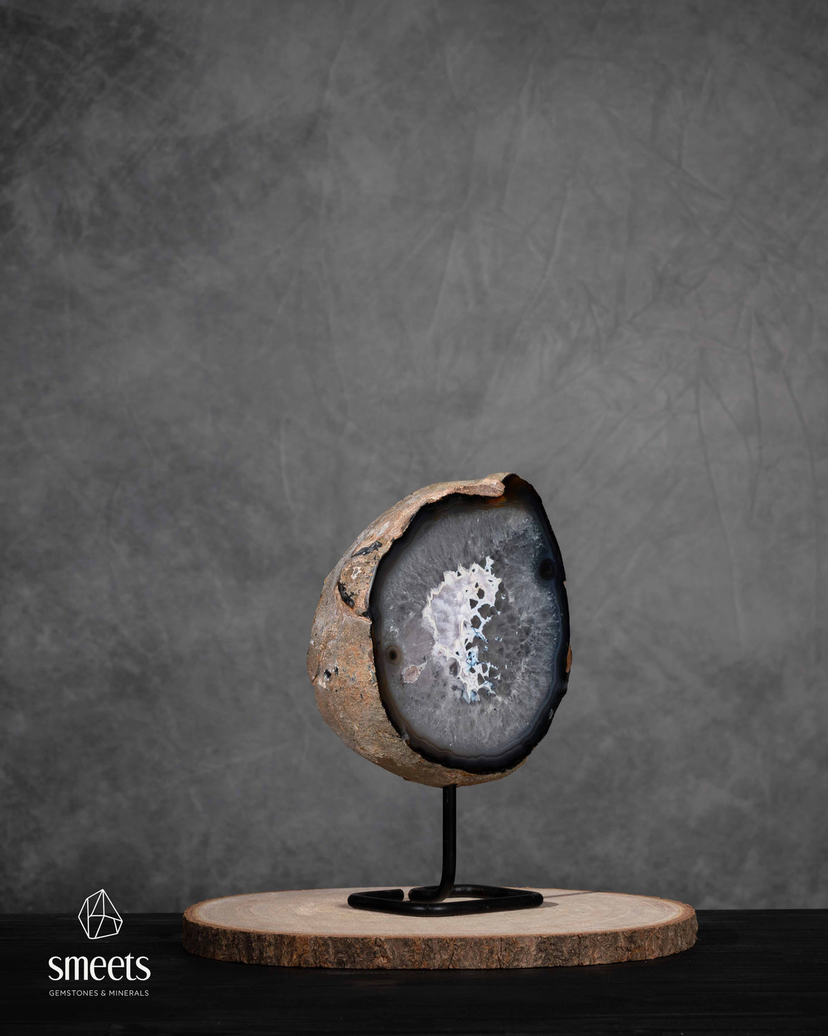 Brazilian Agate Half Geode with White Quartz Centre on Metal Stand