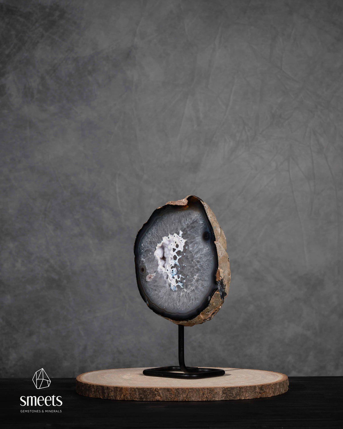 Brazilian Agate Half Geode with White Quartz Centre on Metal Stand