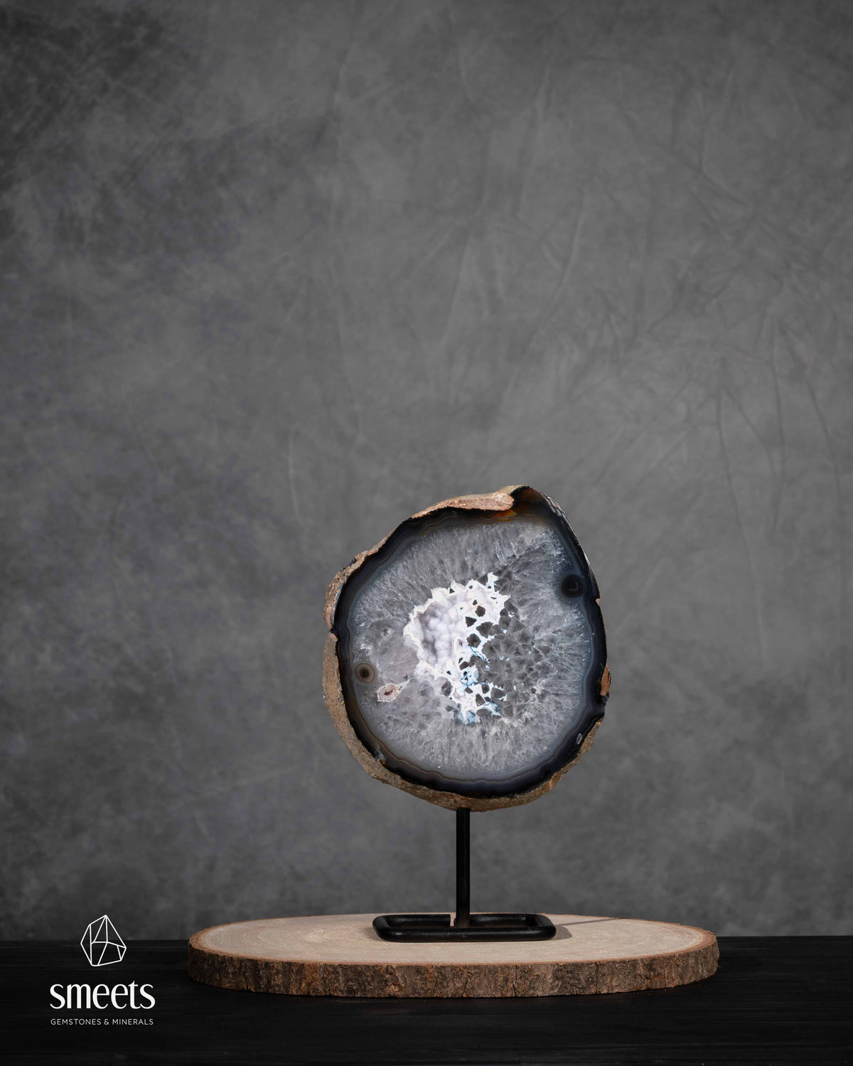 Brazilian Agate Half Geode with White Quartz Centre on Metal Stand