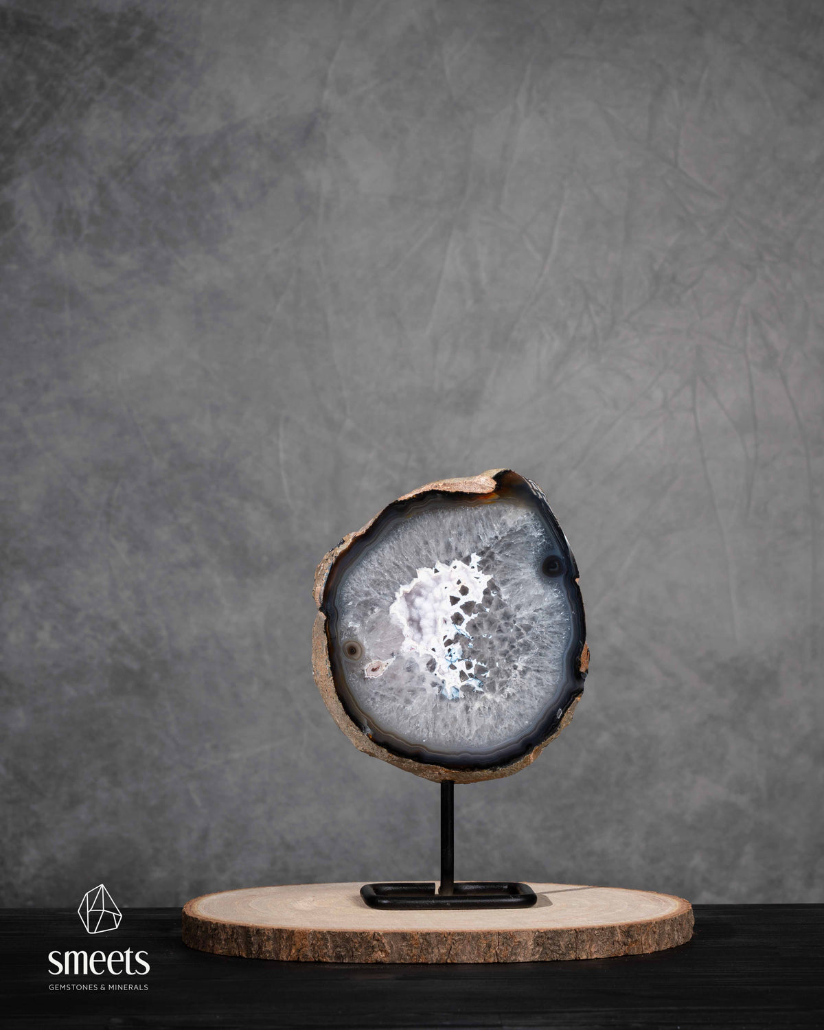 Brazilian Agate Half Geode with White Quartz Centre on Metal Stand