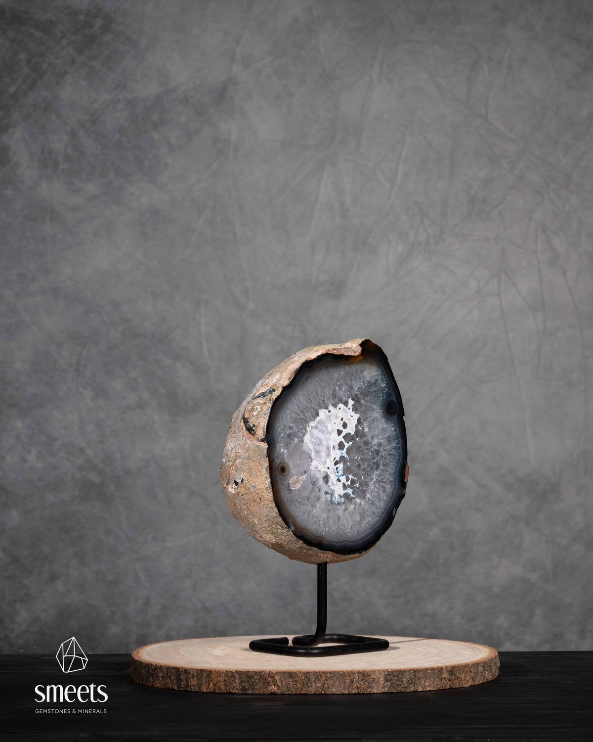 Brazilian Agate Half Geode with White Quartz Centre on Metal Stand