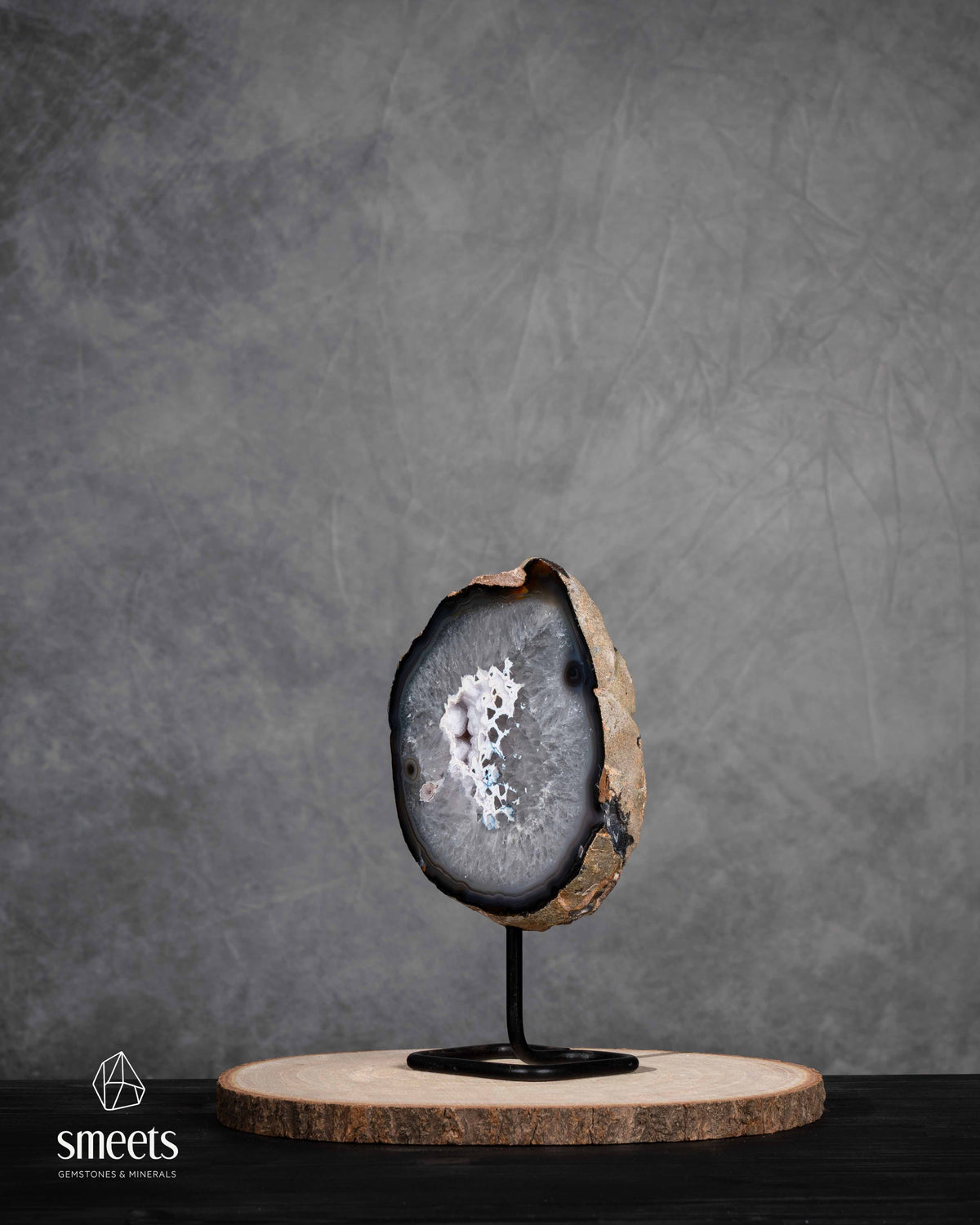 Brazilian Agate Half Geode with White Quartz Centre on Metal Stand