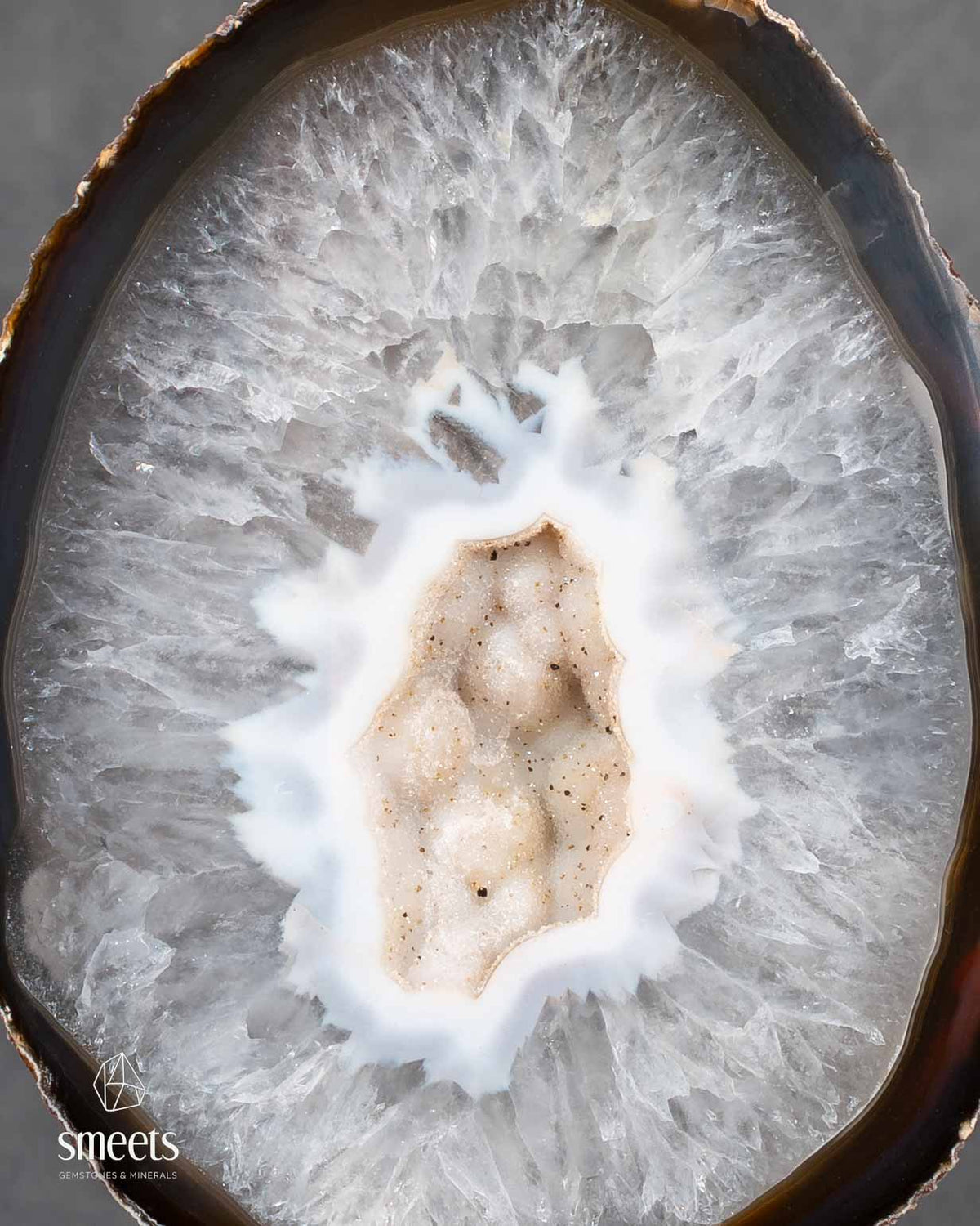 Brazilian Agate Half Geode with White Druzy Quartz Centre on Metal Stand