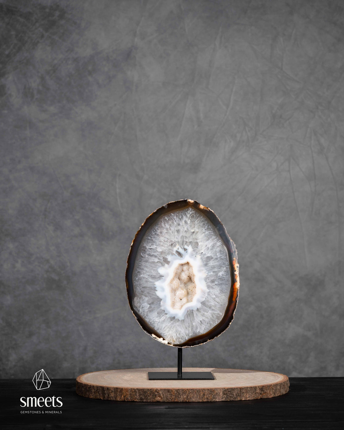 Brazilian Agate Half Geode with White Druzy Quartz Centre on Metal Stand