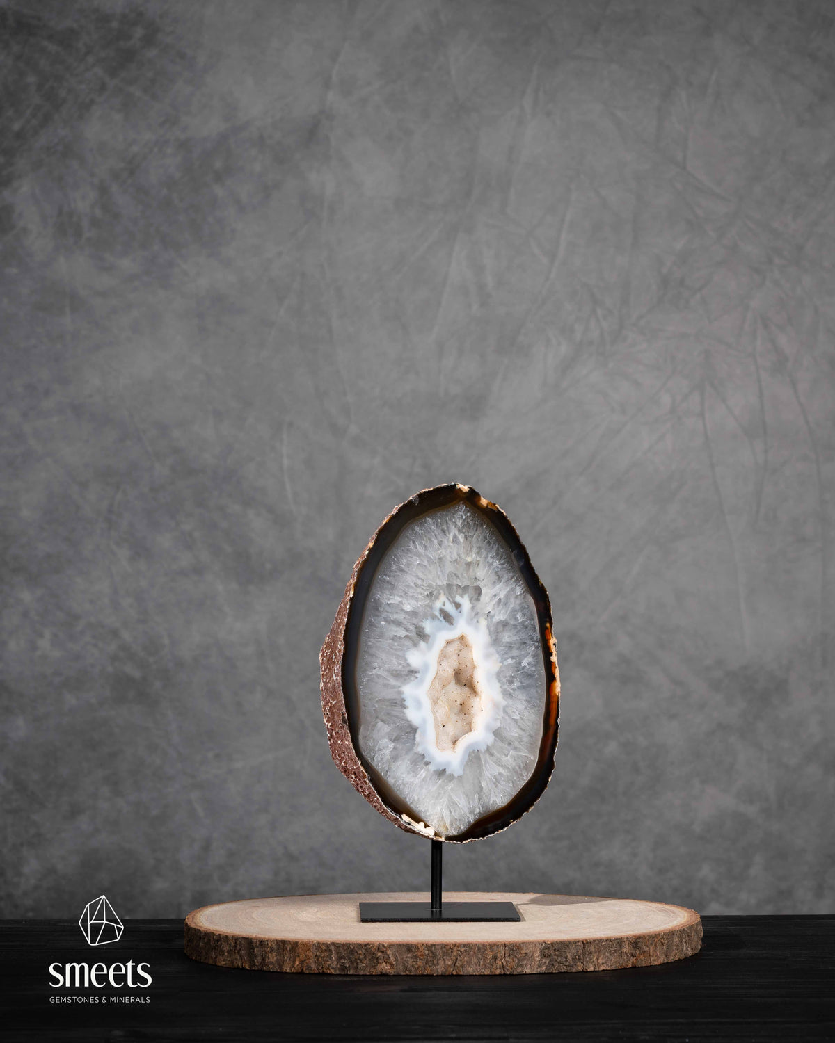 Brazilian Agate Half Geode with White Druzy Quartz Centre on Metal Stand