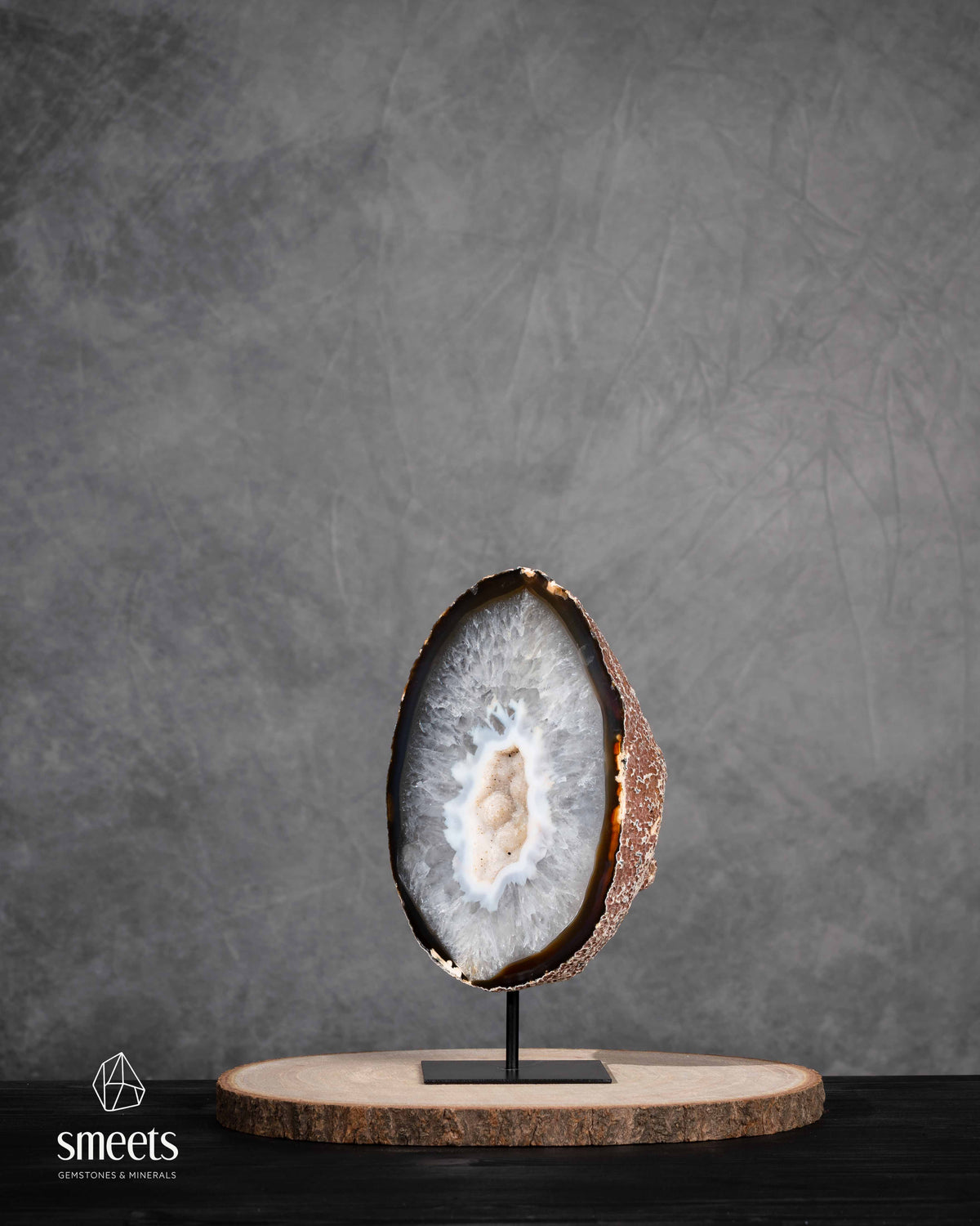 Brazilian Agate Half Geode with White Druzy Quartz Centre on Metal Stand