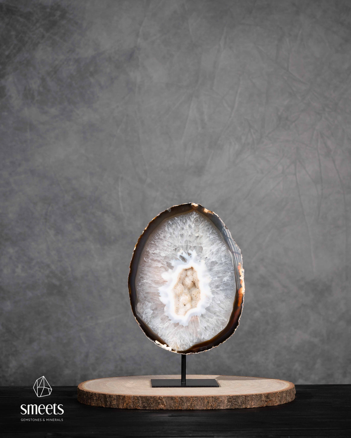 Brazilian Agate Half Geode with White Druzy Quartz Centre on Metal Stand