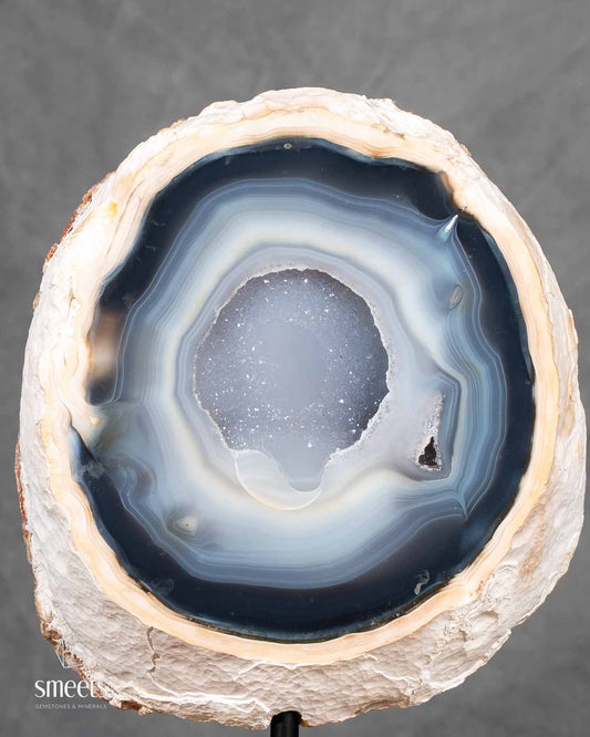 Brazilian Blue Agate Half Geode with Druzy Quartz Centre on Metal Stand