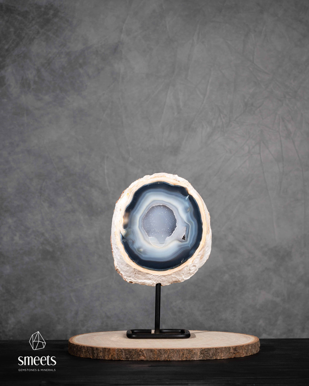 Brazilian Blue Agate Half Geode with Druzy Quartz Centre on Metal Stand