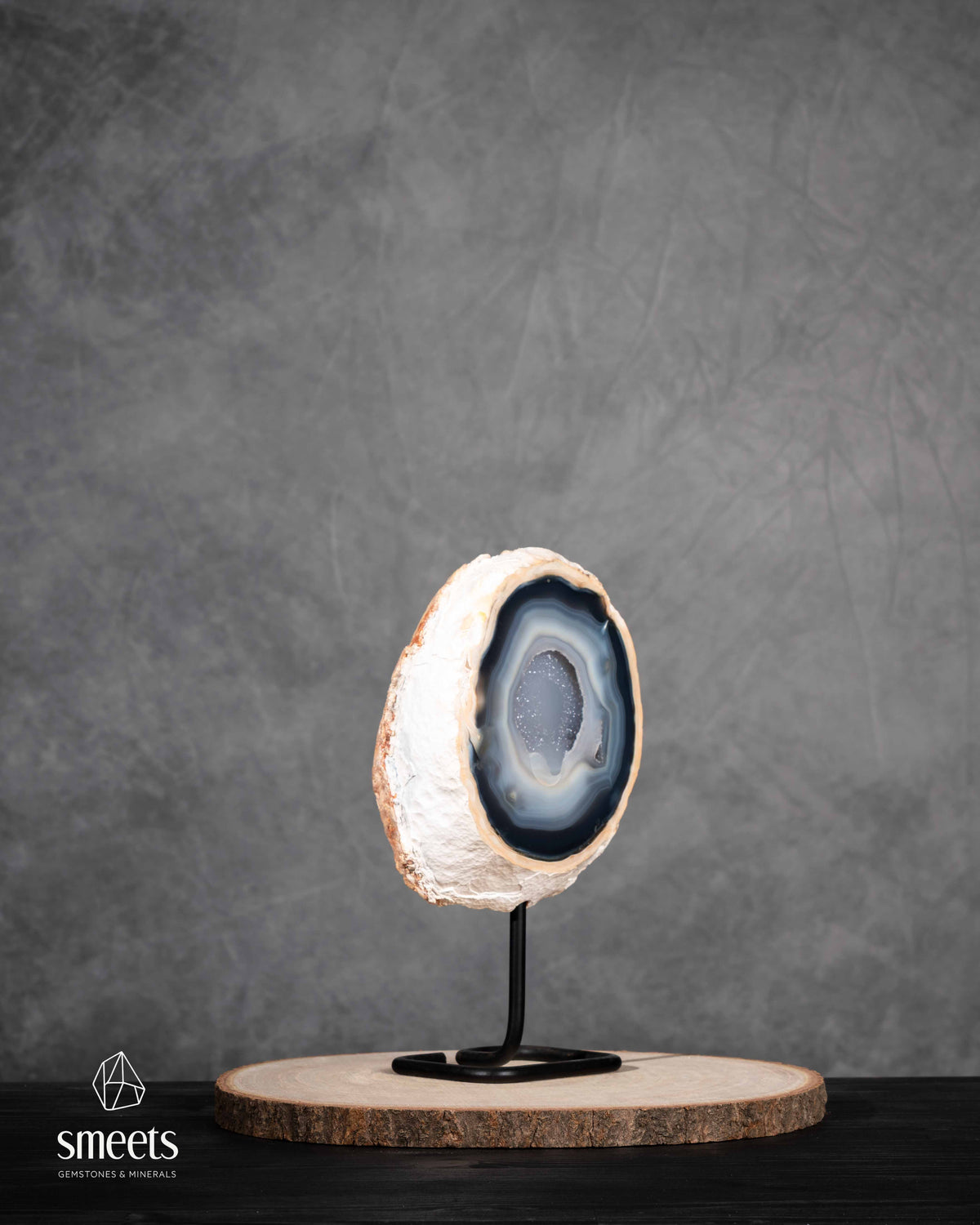 Brazilian Blue Agate Half Geode with Druzy Quartz Centre on Metal Stand