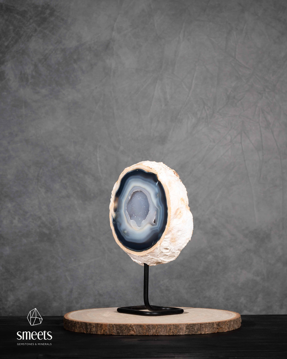 Brazilian Blue Agate Half Geode with Druzy Quartz Centre on Metal Stand