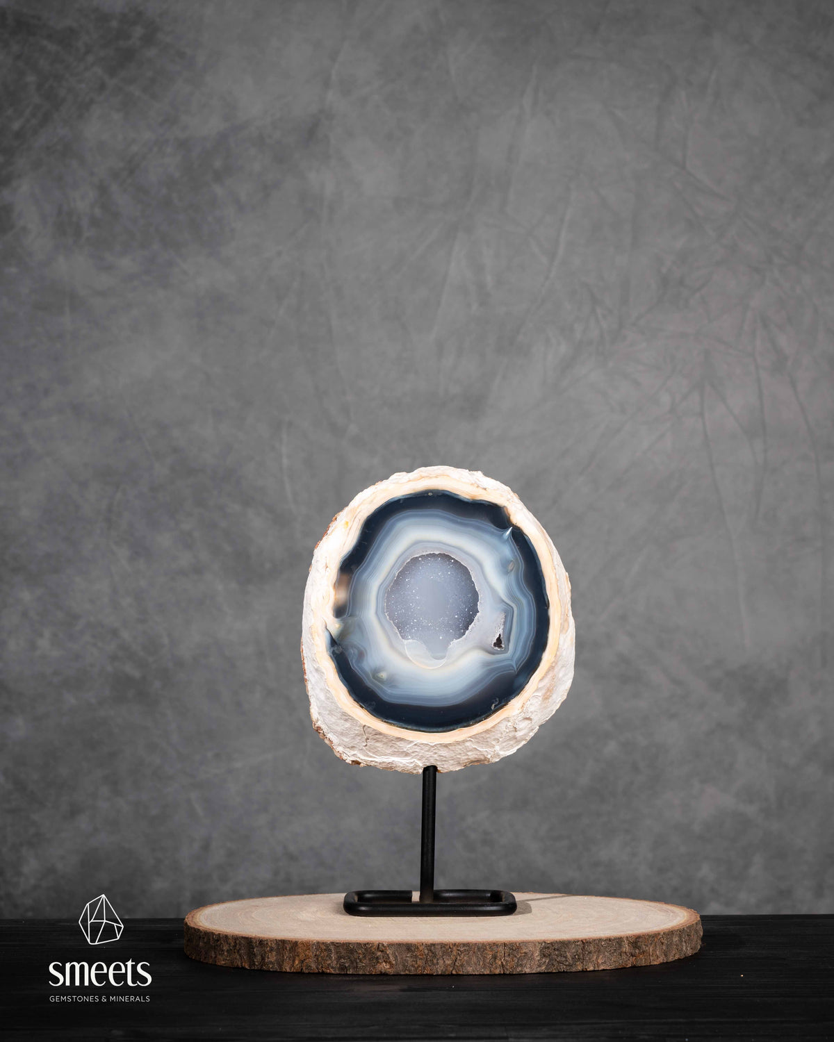 Brazilian Blue Agate Half Geode with Druzy Quartz Centre on Metal Stand