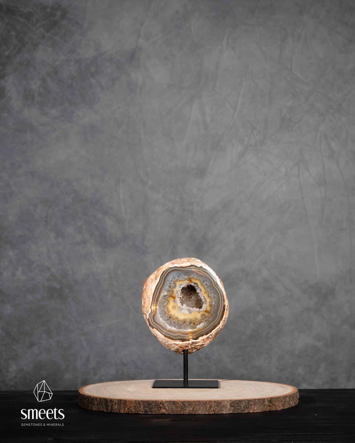 Brazilian Banded Agate Half Geode with Quartz Crystal Cavity on Metal Stand