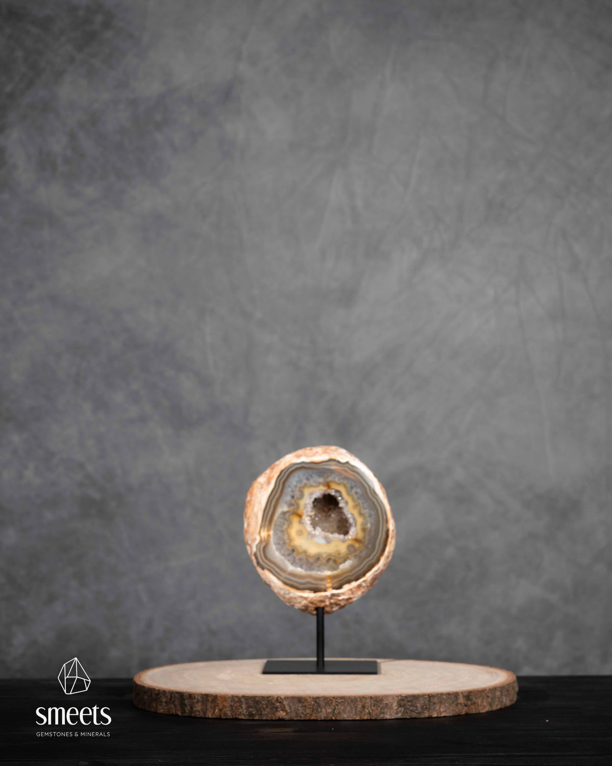 Brazilian Banded Agate Half Geode with Quartz Crystal Cavity on Metal Stand