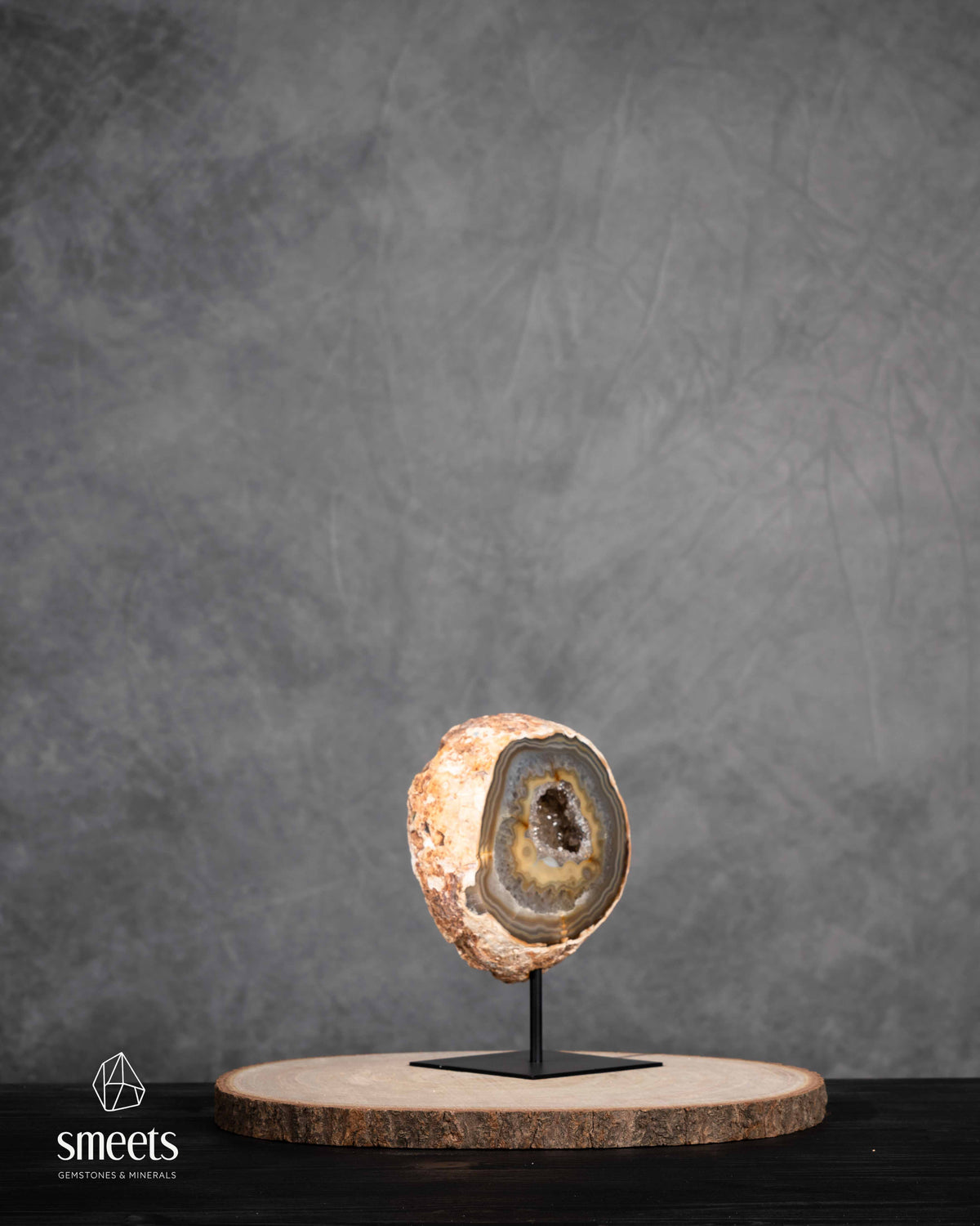 Brazilian Banded Agate Half Geode with Quartz Crystal Cavity on Metal Stand