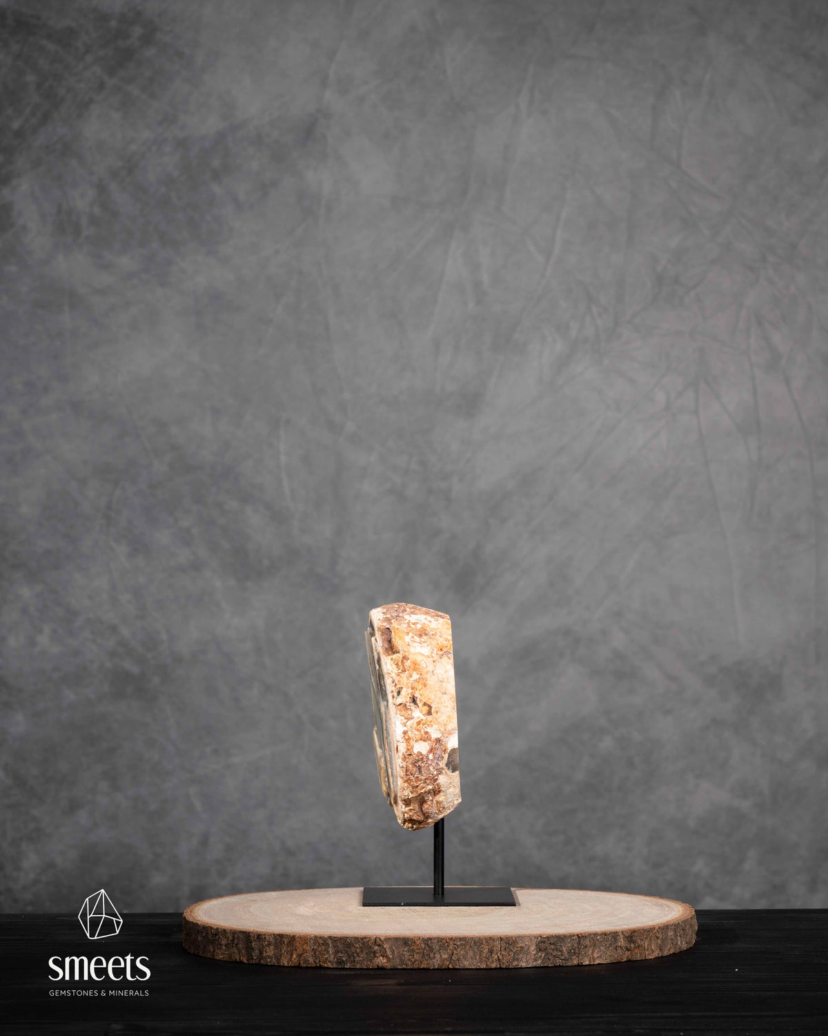 Brazilian Banded Agate Half Geode with Quartz Crystal Cavity on Metal Stand