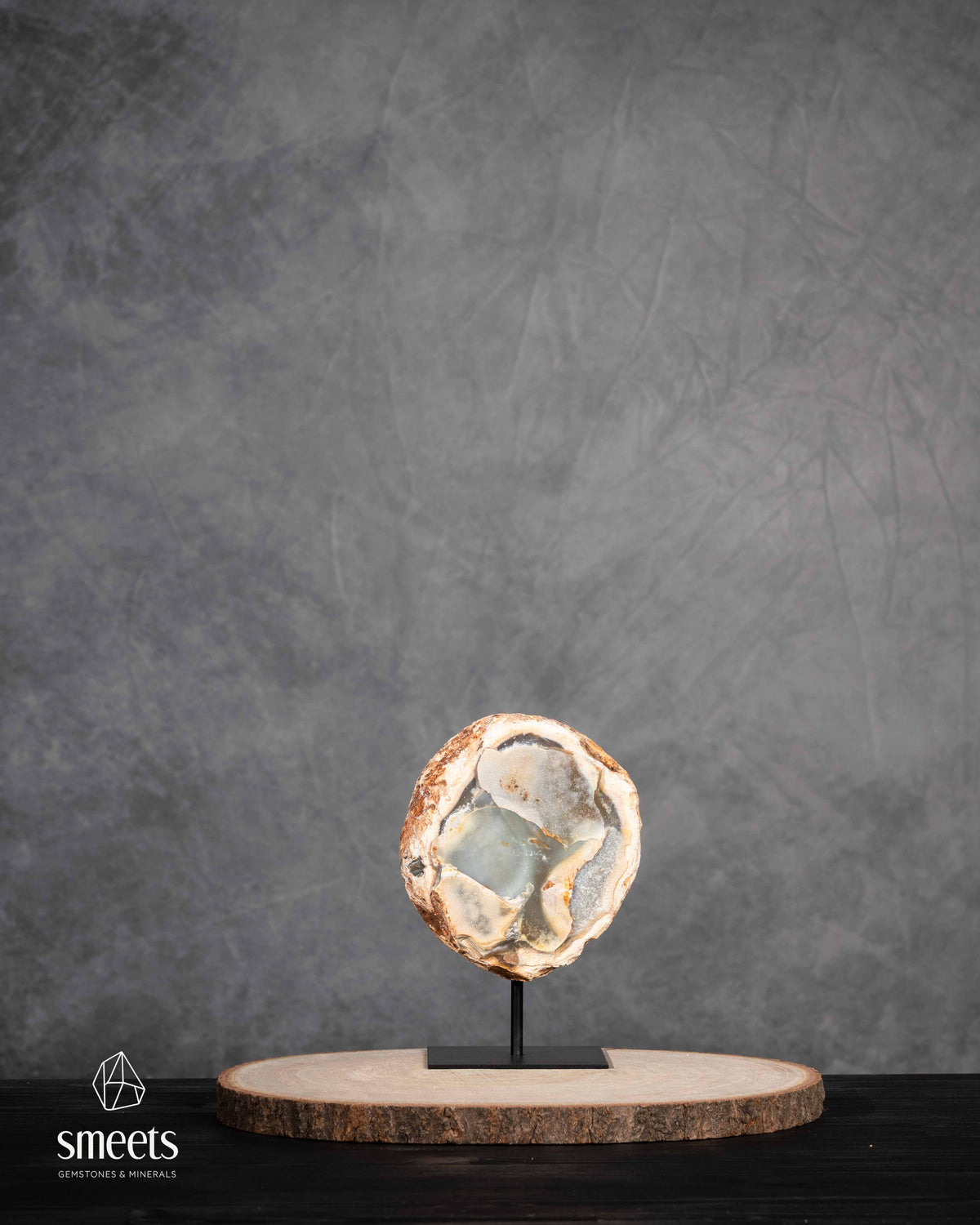 Brazilian Banded Agate Half Geode with Quartz Crystal Cavity on Metal Stand