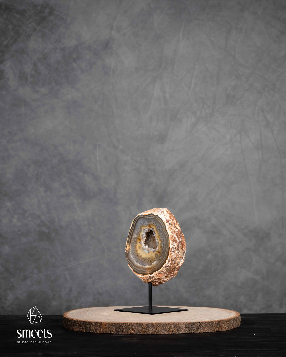Brazilian Banded Agate Half Geode with Quartz Crystal Cavity on Metal Stand