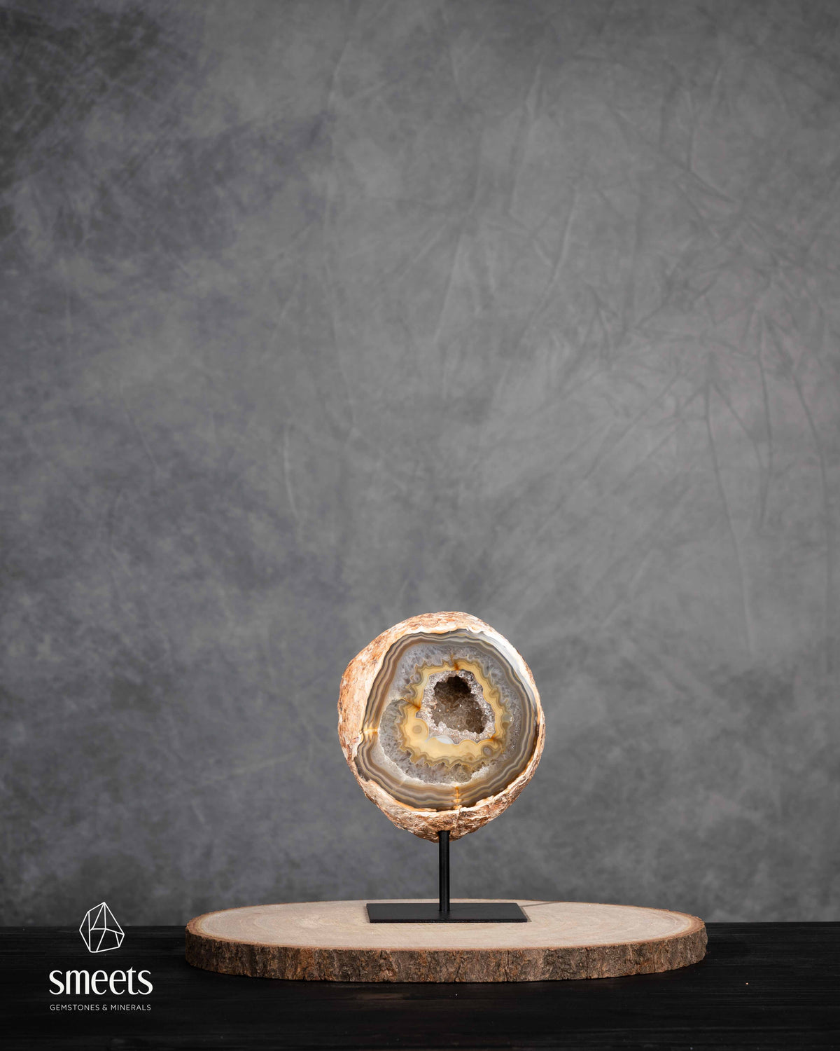 Brazilian Banded Agate Half Geode with Quartz Crystal Cavity on Metal Stand