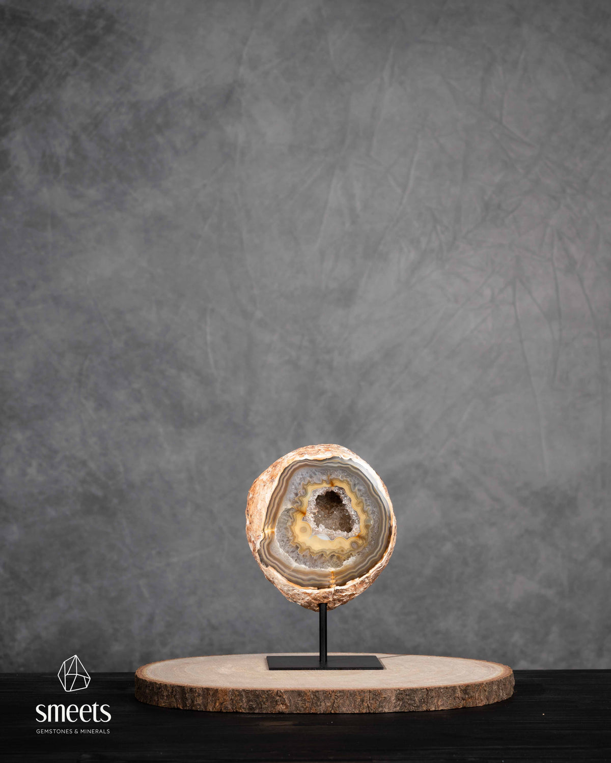 Brazilian Banded Agate Half Geode with Quartz Crystal Cavity on Metal Stand
