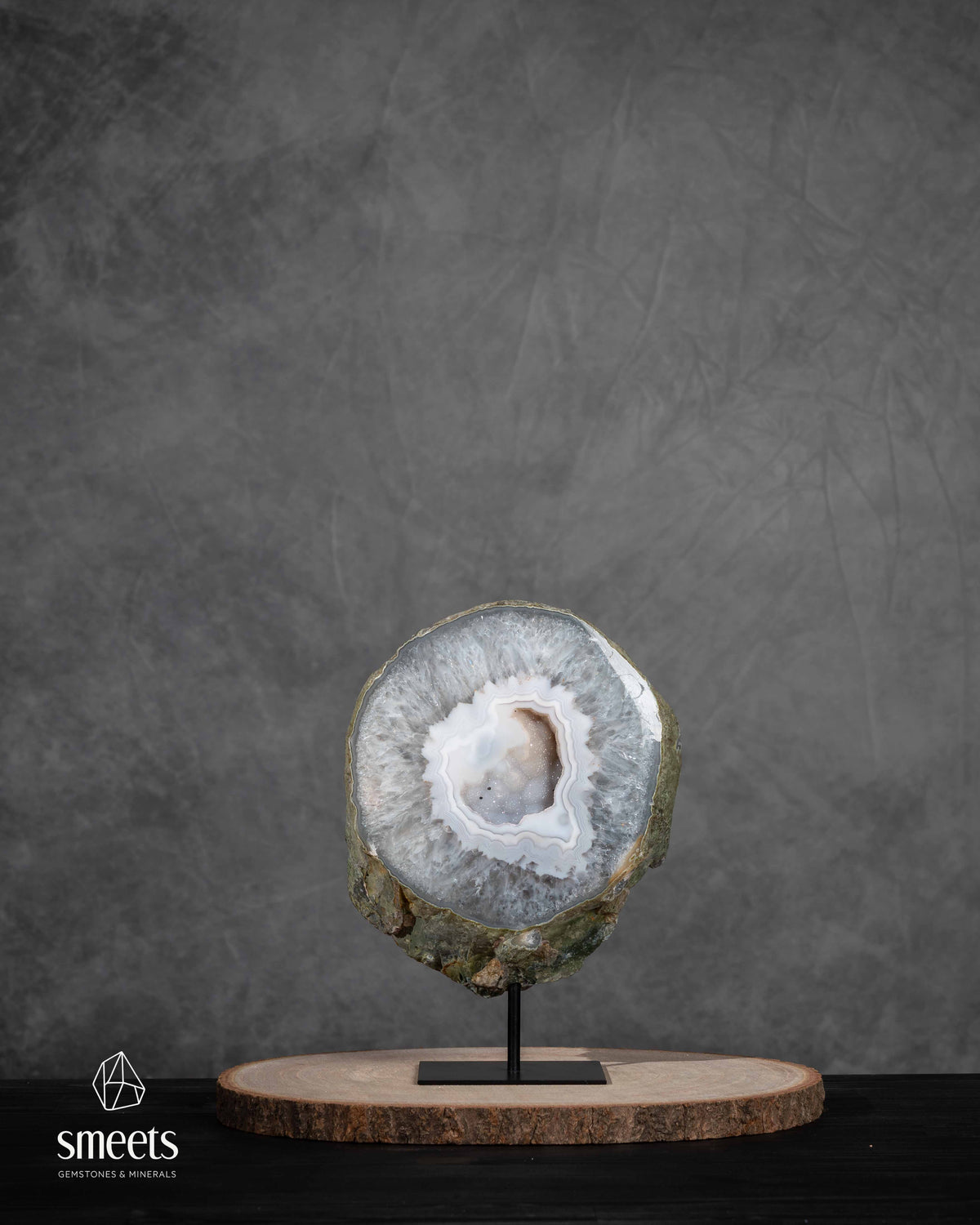 Brazilian White Agate Half Geode with Druzy Quartz Centre on Metal Stand