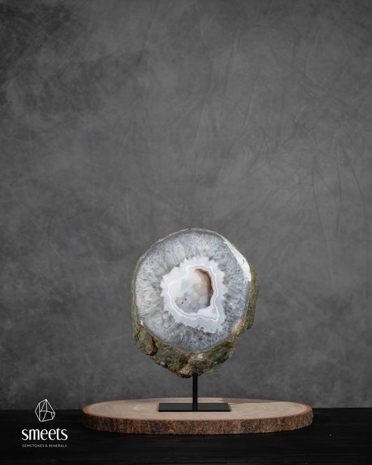 Brazilian White Agate Half Geode with Druzy Quartz Centre on Metal Stand
