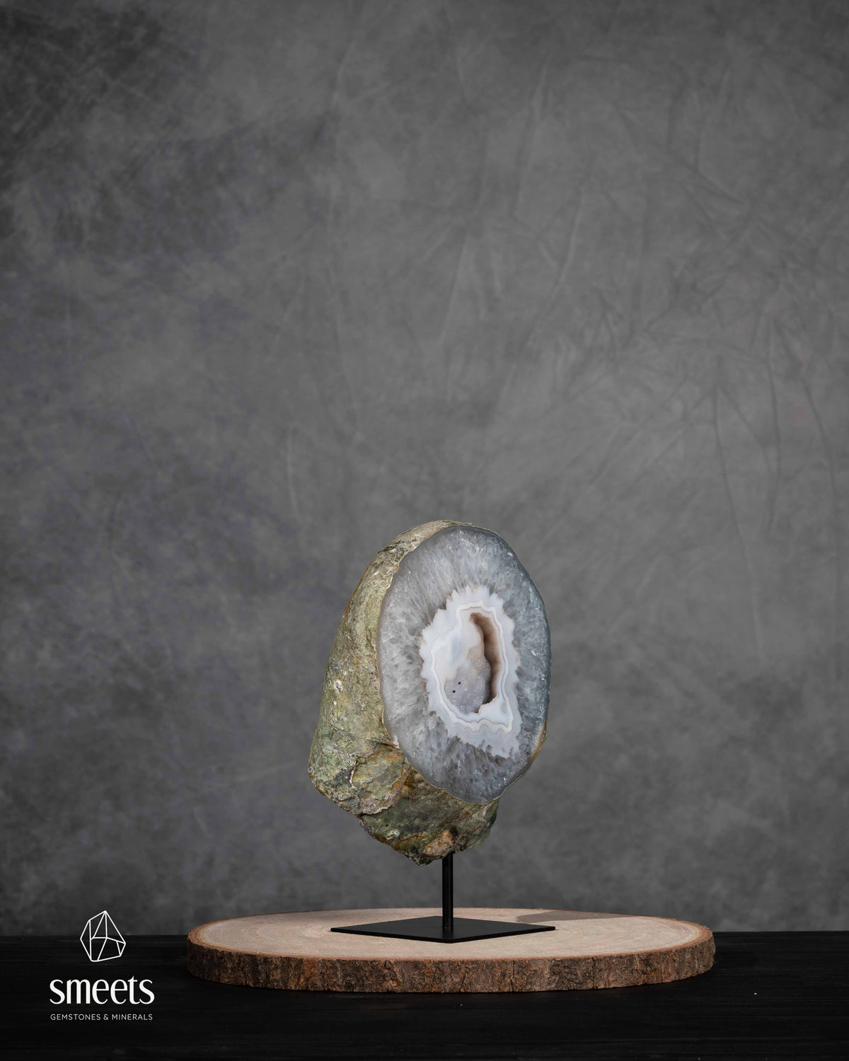 Brazilian White Agate Half Geode with Druzy Quartz Centre on Metal Stand