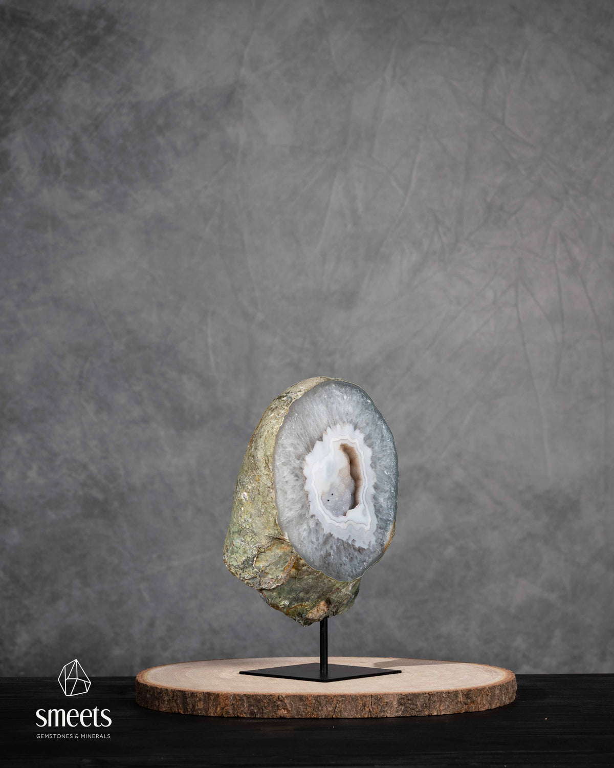 Brazilian White Agate Half Geode with Druzy Quartz Centre on Metal Stand