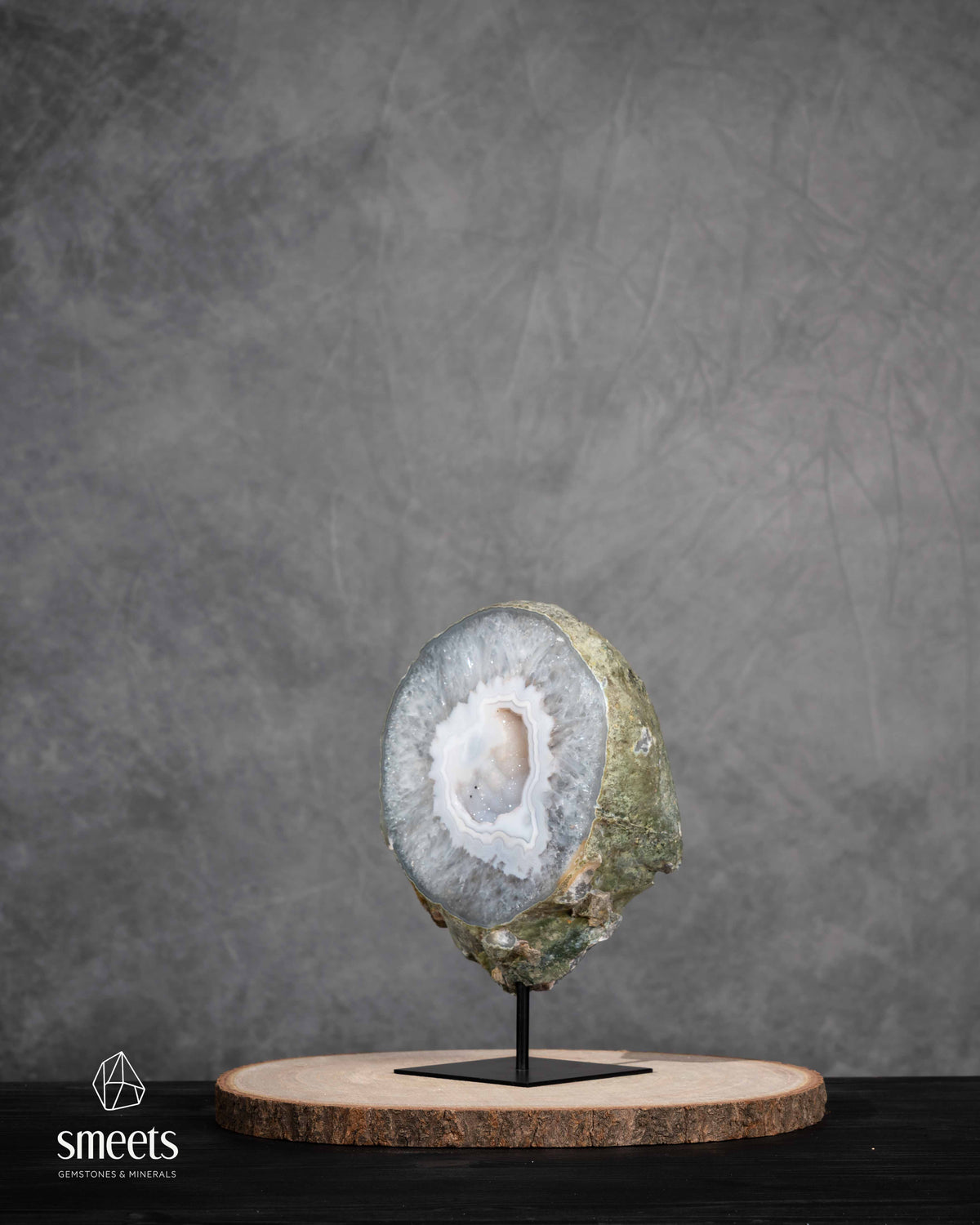 Brazilian White Agate Half Geode with Druzy Quartz Centre on Metal Stand