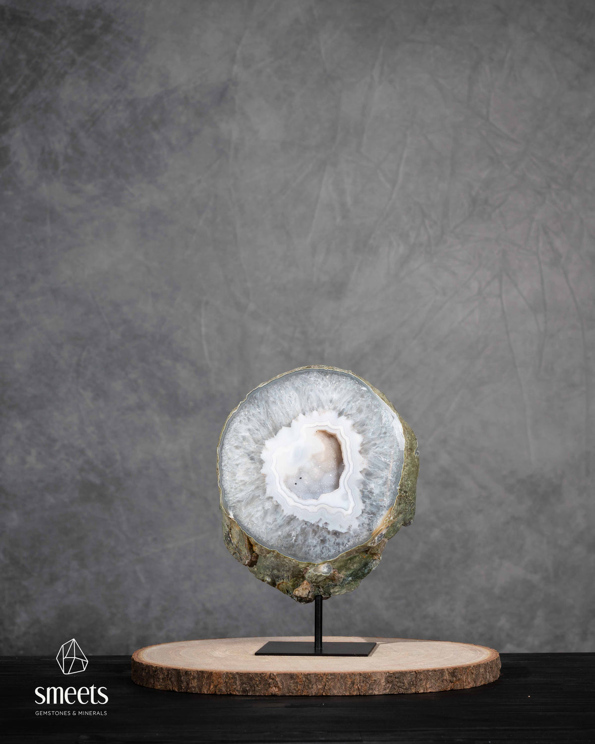 Brazilian White Agate Half Geode with Druzy Quartz Centre on Metal Stand