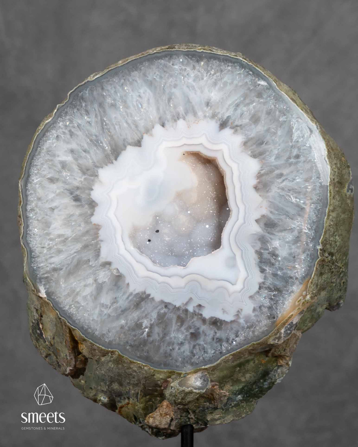 Brazilian White Agate Half Geode with Druzy Quartz Centre on Metal Stand