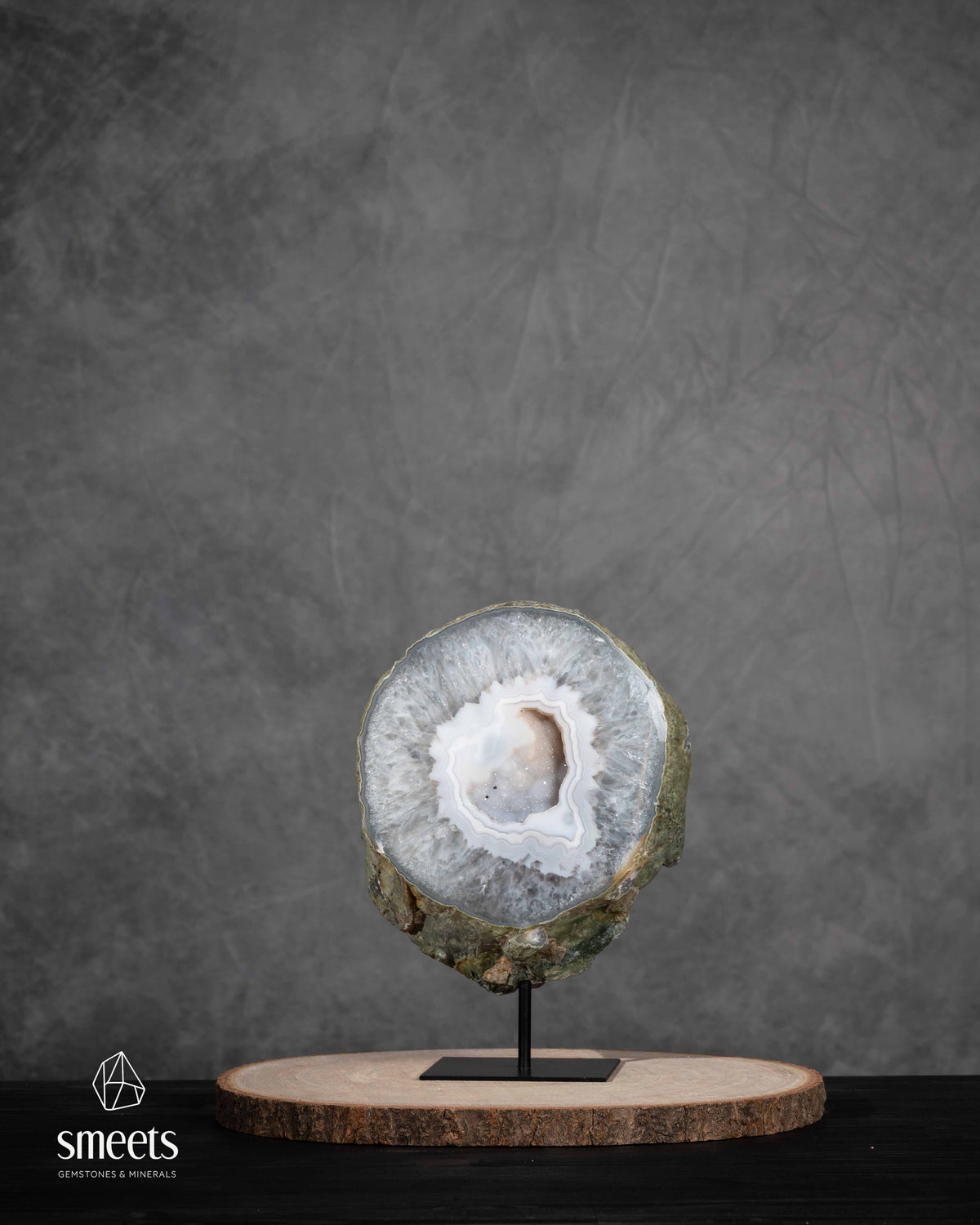 Brazilian White Agate Half Geode with Druzy Quartz Centre on Metal Stand