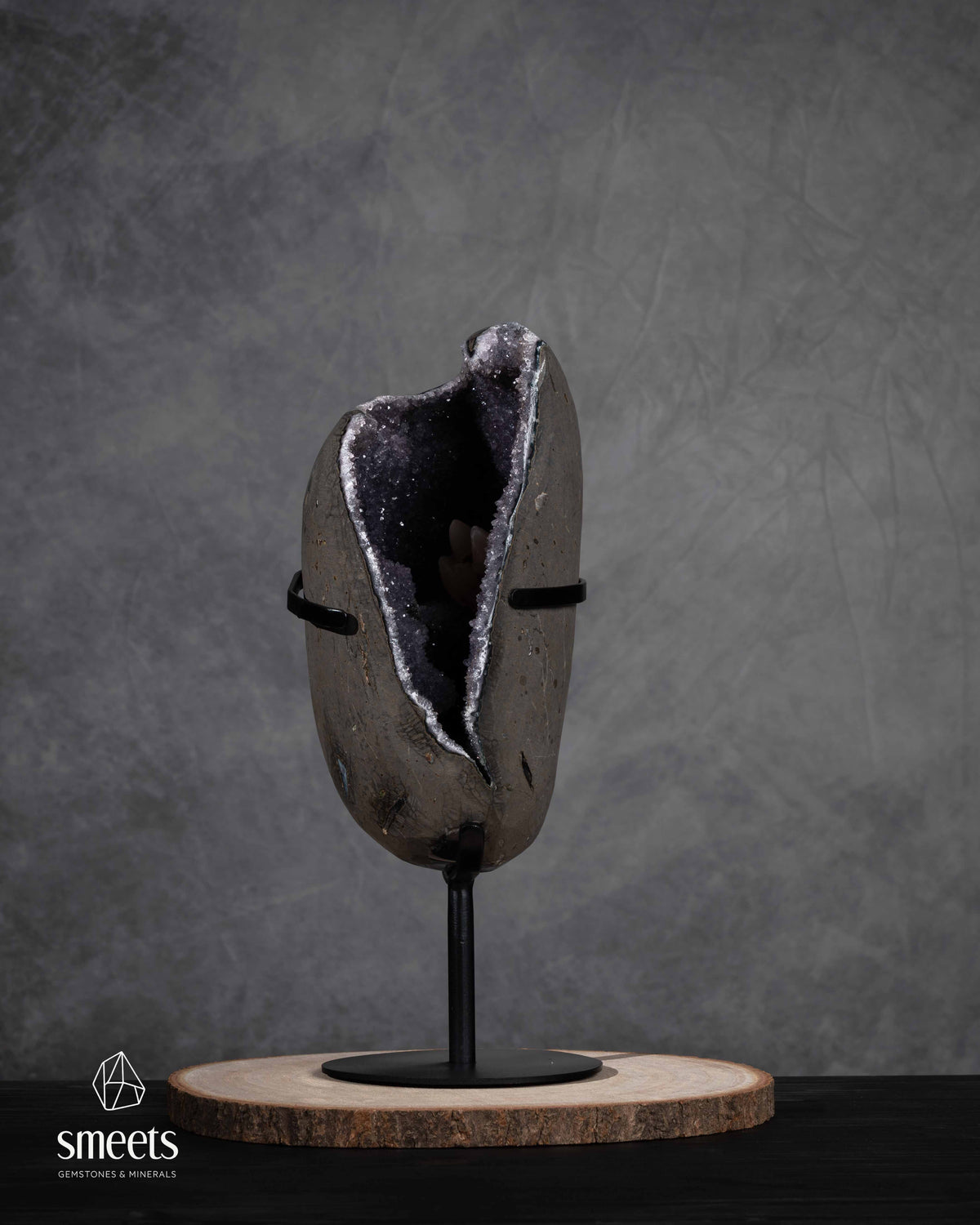 One-of-a-Kind Brazilian Amethyst Geode with Calcite on Metal Stand