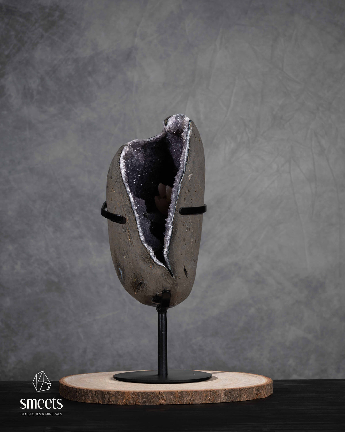 One-of-a-Kind Brazilian Amethyst Geode with Calcite on Metal Stand