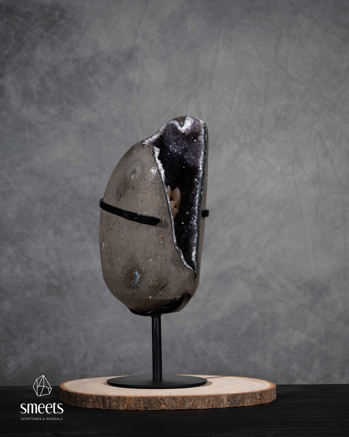 One-of-a-Kind Brazilian Amethyst Geode with Calcite on Metal Stand