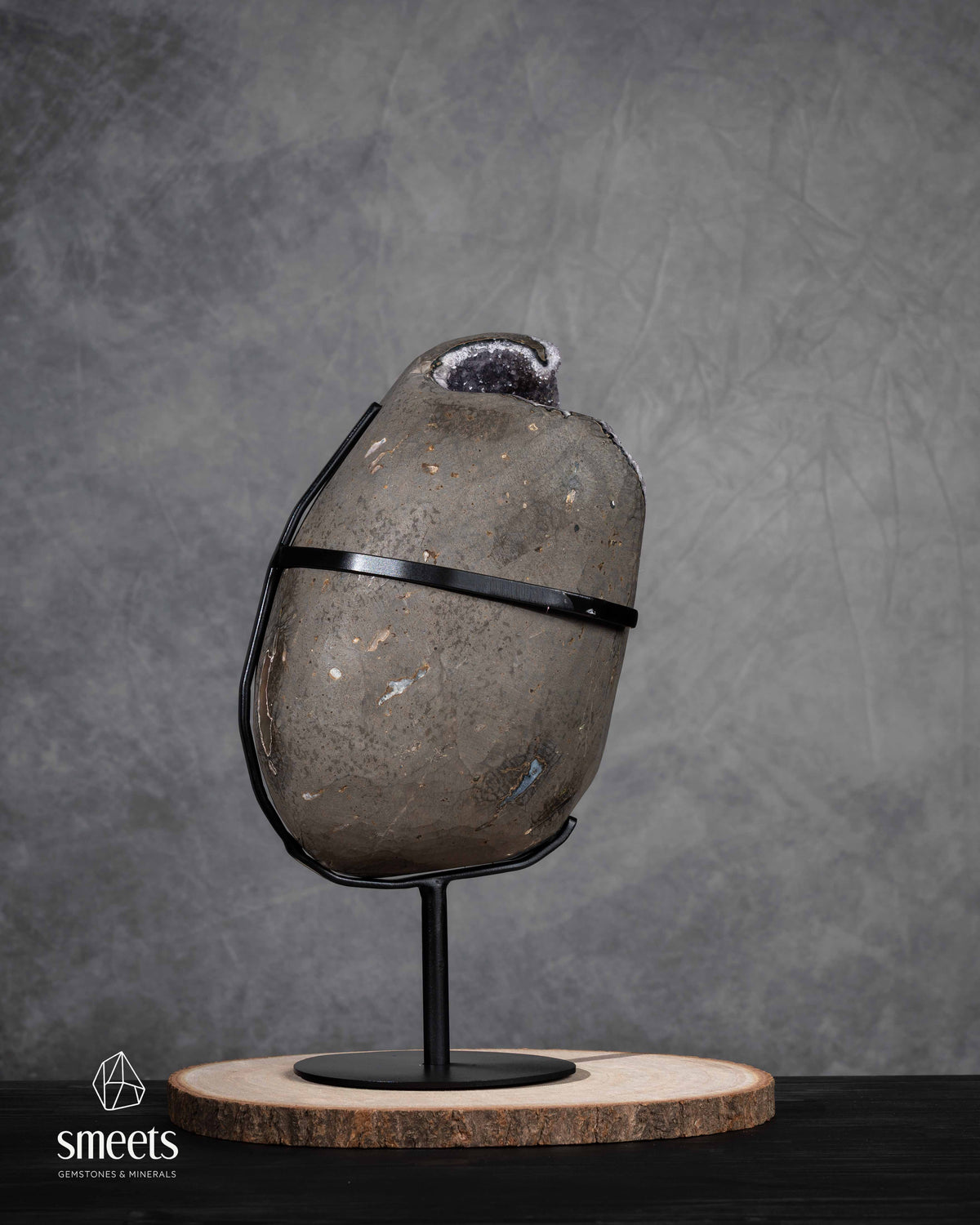 One-of-a-Kind Brazilian Amethyst Geode with Calcite on Metal Stand