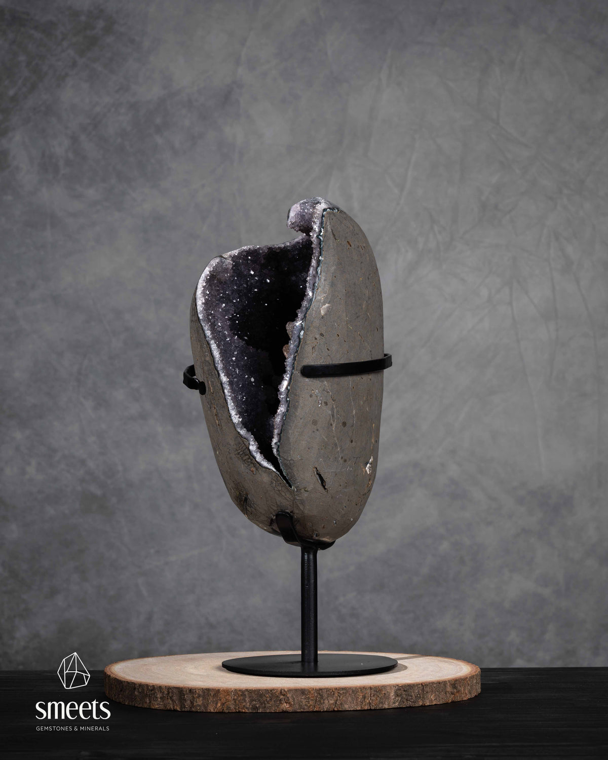 One-of-a-Kind Brazilian Amethyst Geode with Calcite on Metal Stand