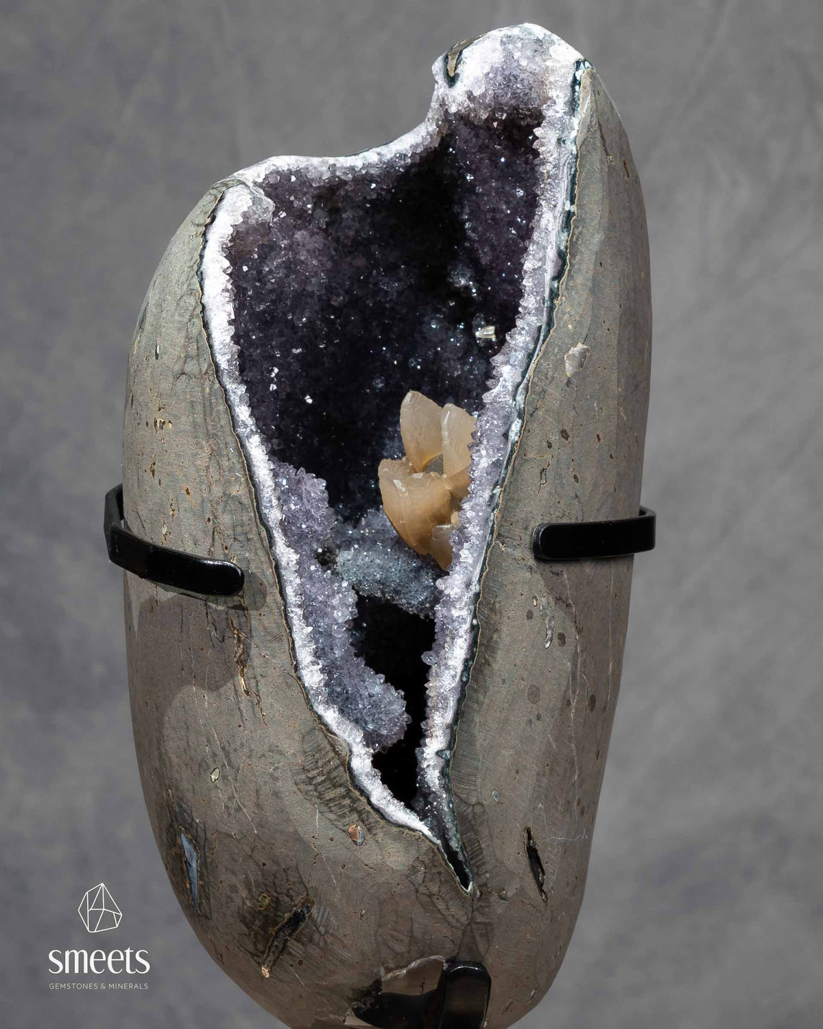 One-of-a-Kind Brazilian Amethyst Geode with Calcite on Metal Stand